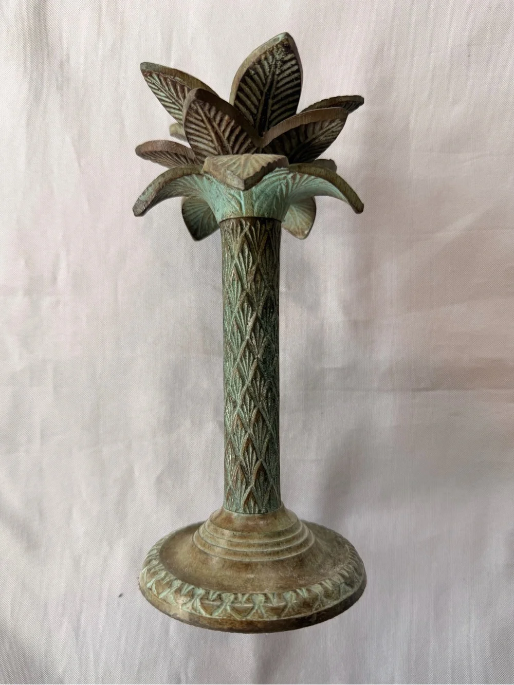 Vintage Verdigris Tropical Palm Tree Candle Holder Heavy